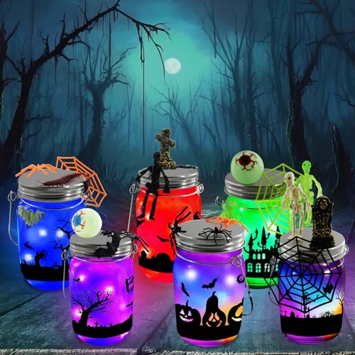 Timisea Halloween-Laternen-Bastelset, 6 Stück, Einmachglas, DIY-Laternenglas-Set für Kinder im Alter von 3–14 Jahren, Partyzubehör für Kinder, Kunstaktivitäten, Innen- und Außenbereich, Garten von Timisea