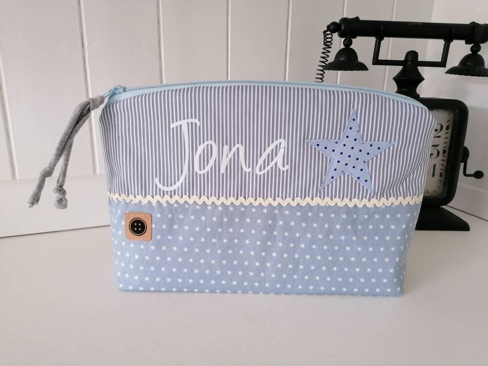 Kulturtasche /Windeltasche Inkl. Name, Altblau, Taufgeschenk, Geschenk Zur Geburt, Stern Kulturtasche /Windeltasche Inkl. Name, Altblau, Taufgeschenk, Geschenk Zur Geburt, Stern von TinasKnoepfchen