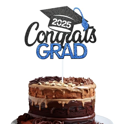 Abschluss-Kuchenaufsatz der Klasse 2025 – Feiern Sie den Abschlussfeiertag mit Tindobewan Glitzer, Congrats Grade Kuchenspieße, Dekorationen (1 Stück, schwarz mit blau), S1 von Tindobewan
