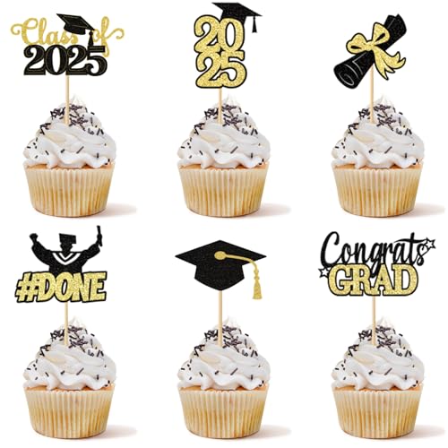 Cupcake-Topper "Class of 2025" – Feiern Sie den Schulabschluss mit Tindobewan Glitzer, Congrats Grad Cupcake-Picks, Dekorationen (24 Stück, schwarz mit gold), S1 von Tindobewan