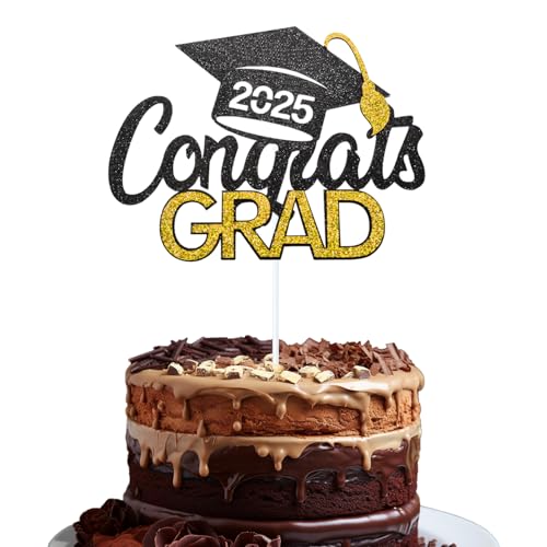 Klasse 2025 Abschluss-Kuchenaufsatz – Feiern Sie den Abschlussfeiertag mit Tindobewan Glitzer, Congrats Grade Kuchenspieße, Dekorationen (1 Stück, Schwarz mit Gold) S1 von Tindobewan
