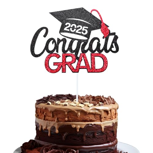 Klasse 2025 Abschluss-Kuchenaufsatz – Feiern Sie den Abschlussfeiertag mit Tindobewan Glitzer, Congrats Grade Kuchenspieße, Dekorationen (1 Stück, schwarz mit rot) S1 von Tindobewan