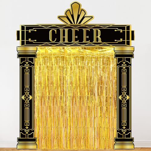Tingjoo 6-teiliges Partydekorationsset mit goldfarbenen Lametta-Fransenvorhang, Hintergrund der 1920er Jahre, Speakeasy Auszeichnungen, Nacht, Vintage, Jazz, Flapper, Hochzeitszubehör von Tingjoo