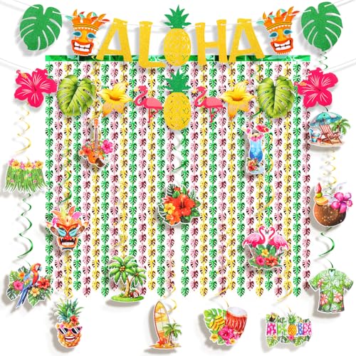 Tingjoo Hawaiianische Aloha-Party-Dekorationen, inklusive Glitzer-Aloha-Banner, 1 x 2 m, tropische Palmenblätter, Folien-Fransenvorhang, hängende Wirbel-Deckenschlangen für Sommer Tingjoo Hawaiianische Aloha-Party-Dekorationen, inklusive Glitzer-Aloha-Banner, 1 x 2 m, tropische Palmenblätter, Folien-Fransenvorhang, hängende Wirbel-Deckenschlangen für Sommer von Tingjoo