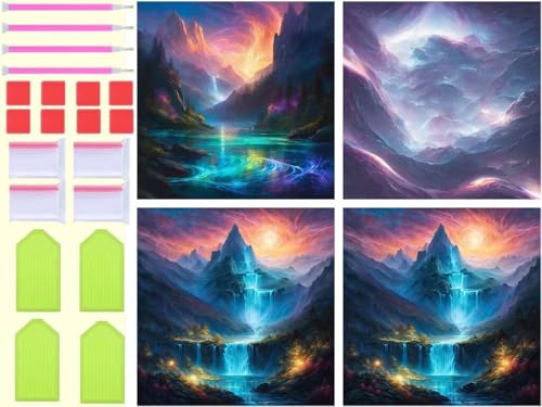 4 Stück Diamond Painting Fantasie-Berg Diamant Painting Bilder Kinder, DIY 5D Diamond Art Erwachsene Basteln Full Drill Rund Diamant Malere für Schlafzimmer Zuhause Deko Wohnzimmer Gifts 10x10cm T-2 von Tinnoon