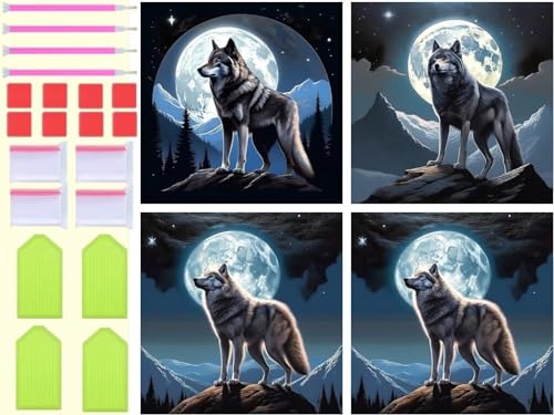 4 Stück Diamond Painting Mond Wolf Diamant Painting Bilder Kinder, DIY 5D Diamond Painting Erwachsene Basteln Full Drill Rund Diamant Malere für Schlafzimmer Deko Wohnzimmer Gifts 10x10cm T-3026 von Tinnoon