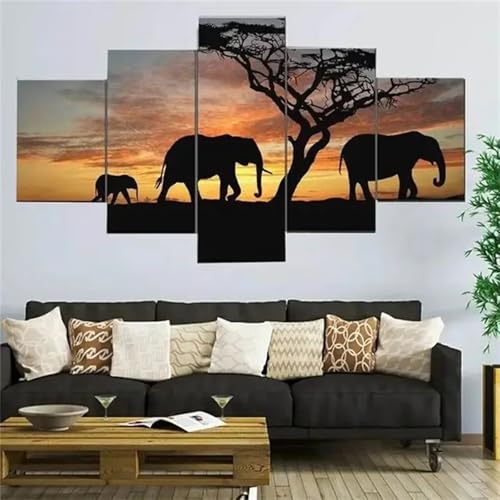 5 Stück Afrika Elefant Diamond Painting Erwachsene, 5D Diamant Painting Bilder Kinde, DIY Voll Round Malen Nach Zahlen Diamant Malerei Arts basteln Set mit Zubehö, für Home Wand Dekor 50x25cm N-2291 von Tinnoon
