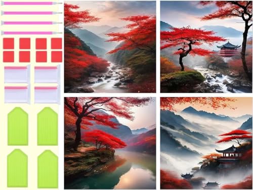 5D Diamond Painting 4er Set Diamant Painting Bilder, Herbst-Landschaft Malen Nach Zahlen Bastelnset Erwachsene Stickerei Voll Kristall Art Diamant Malerei Bilder Home Wand Deko, 4Pcs 30x30cm T-1075 von Tinnoon