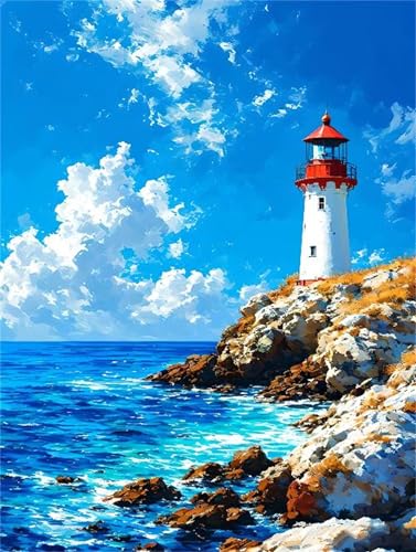 5D Diamond Painting Strand Leuchtturm Diamant Painting Bilder, Voll Set Diamond Painting Erwachsene DIY Diamant Malerei Bilder Nach Zahlen für Kinder Mädchen Geschenke, Haus Wand Dekor 40x50cm k-304 von Tinnoon