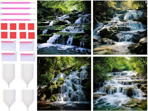 Diamond Painting Wasserfall Wald Diamant Painting Bilder 4 Stück 20x20cm, DIY 5D Diamond Art Erwachsene Kinder Voll Eckige Diamant Malere Wohnzimmer Zuhause Deko Aesthetic, Geschenke für Mama T-8749 von Tinnoon