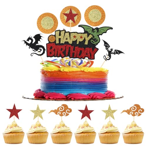 1 Stück Happy Birthday-Kuchenaufsatz + 12 Stück Cupcake-Aufsätze, Glitzer Anime-Kuchenaufsatz Dekorationen Drache Sterne Kreis Cartoon-Cupcake-Picker für Motto-Geburtstagsparty Zubehör Jungen 1 Stück Happy Birthday-Kuchenaufsatz + 12 Stück Cupcake-Aufsätze, Glitzer Anime-Kuchenaufsatz Dekorationen Drache Sterne Kreis Cartoon-Cupcake-Picker für Motto-Geburtstagsparty Zubehör Jungen von Tinoaly