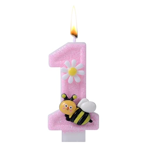 1. Geburtstagskerze, Glänzende Rosa Zahlenkerze Niedliche Kuchendeko für Mädchen Frauen Erste Geburtstagsdekoration Jahrestag (Biene) von Tinoaly