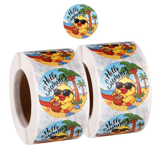 100 Stk Hallo Sommer Aufkleber, 38 mm Süße Ente Sommer Strandaufkleber Strand Abziehbildchen für Erwachsene Umschlagsiegel Brief Einladungsdekoration von Tinoaly