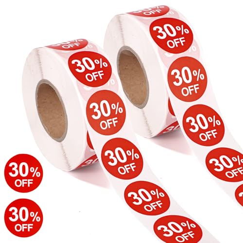 2000stk 30% Rabatt Aufkleber, 2,5cm Runde 30 Prozent Rabatt Werbeetiketten Selbstklebende Preisschilder Zeichen Reduzierte Verkaufsetiketten für Einzelhandel Supermarkt Läden (Rot) von Tinoaly