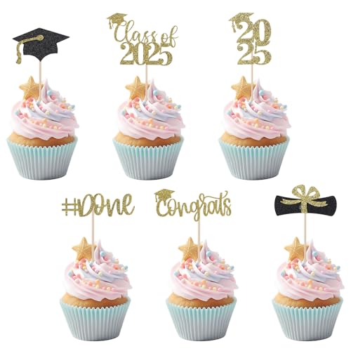 24 Cupcake-Topper zum Schulabschluss 2025, Glitzer-Cupcake-Spieße mit Abschlusskappe und Diplom 6 Stile Tortendekoration zum Schulabschluss Foto-Requisiten Partyzubehör (Gold/Schwarz) von Tinoaly