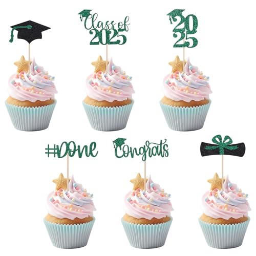 24 Cupcake-Topper zum Schulabschluss 2025, Glitzer-Cupcake-Spieße mit Abschlusskappe und Diplom 6 Stile Tortendekoration zum Schulabschluss Foto-Requisiten Partyzubehör (Grün/Schwarz) von Tinoaly