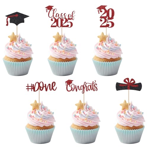 24 Cupcake-Topper zum Schulabschluss 2025, Glitzer-Cupcake-Spieße mit Abschlusskappe und Diplom 6 Stile Tortendekoration zum Schulabschluss Foto-Requisiten Partyzubehör (Rot/Schwarz) von Tinoaly