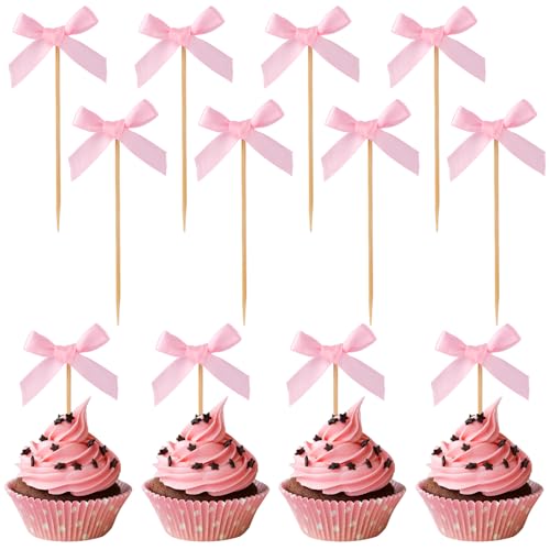 24St Rosa Cupcake Deko Schleife, Kuchen Topper Schleife Cupcake-Picker mit Schleife Geburtstagsdekoration mit Rosa Schleife für Mädchen Babyparty Kokette Mottopartys 24St Rosa Cupcake Deko Schleife, Kuchen Topper Schleife Cupcake-Picker mit Schleife Geburtstagsdekoration mit Rosa Schleife für Mädchen Babyparty Kokette Mottopartys von Tinoaly