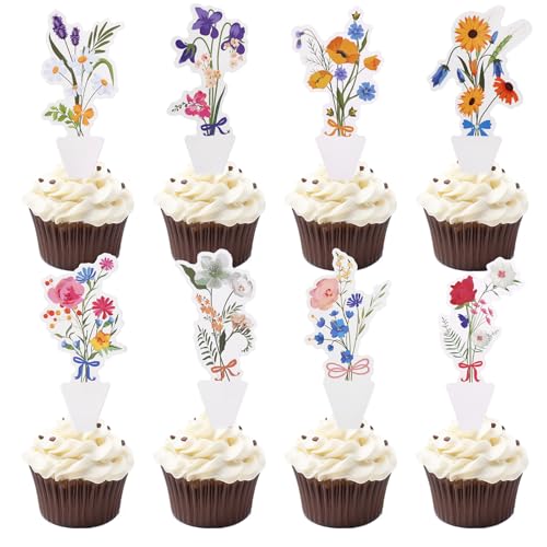40stk Wildblumen Cupcake Topper, 8 Designs Blumen Geburtstagsfeier Dekorationen, Beidseitig Florale Baby Shower Cupcake Picks Deko für Mädchen Frauen Sommer Frühling Hochzeit Tee Party Zubehör von Tinoaly