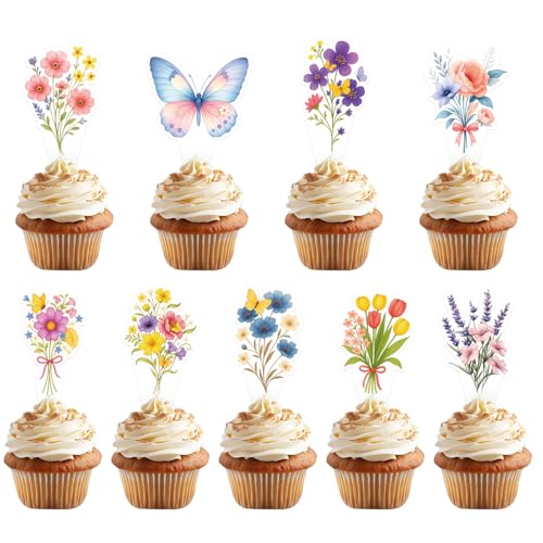45stk Wildblumen-Cupcake-Topper, 9 Stile Blumen- und Schmetterlings-Cupcake-Topper Baby in Bloom Florale Kuchenspieße Ideale Dekoration für Geburtstagspartys Hochzeiten und Babypartys von Tinoaly