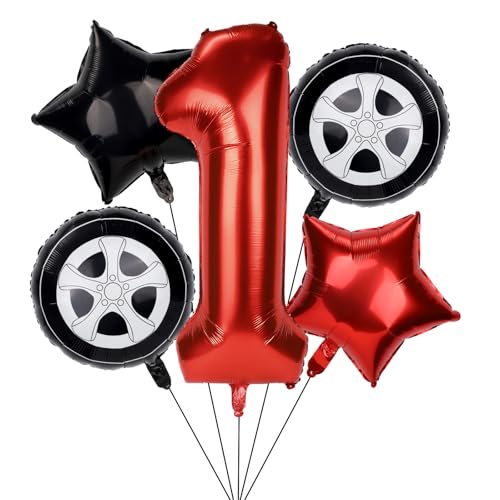 5stk Rennwagen Geburtstagsballons, Geburtstagsdeko Set mit 96cm Rennstrecke Zahlenballon Reifen und Sternfolienballons Rot Schwarzes Rennwagen Motto Partyzubehör für Kinder Jungen (1) von Tinoaly