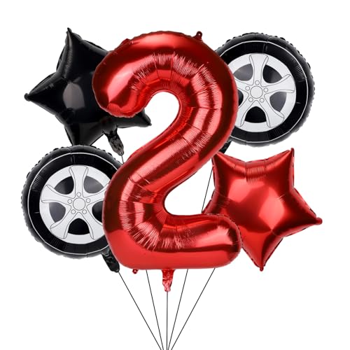 5stk Rennwagen Geburtstagsballons, Geburtstagsdeko Set mit 96cm Rennstrecke Zahlenballon Reifen und Sternfolienballons Rot Schwarzes Rennwagen Motto Partyzubehör für Kinder Jungen (2) von Tinoaly