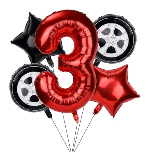 5stk Rennwagen Geburtstagsballons, Geburtstagsdeko Set mit 96cm Rennstrecke Zahlenballon Reifen und Sternfolienballons Rot Schwarzes Rennwagen Motto Partyzubehör für Kinder Jungen (3) von Tinoaly