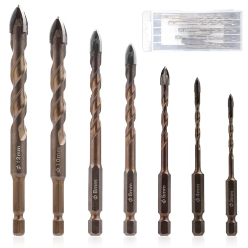 7stk Neuer Vierschneidiger Sägezahn-Exzenterbohrer, Hochfester Vierschneidiger Gezahnter Exzenter-Spiralbohrer Mehrzweck Bohrerset für Beton Glas Mauerwerk (3/4/5/6/8/10/12mm) von Tinoaly