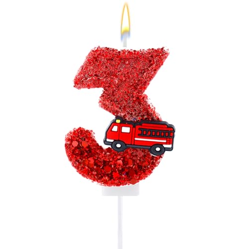 Geburtstagskerze Roten Pailletten, Feuerwehrauto Happy Birthday Kerze Zahlen-Tortenaufsatz für Jungen Mädchen Feuerwehrleute Runde Geburtstage Jubiläen Feuerwehr-Mottoparty Geschenke (3) von Tinoaly