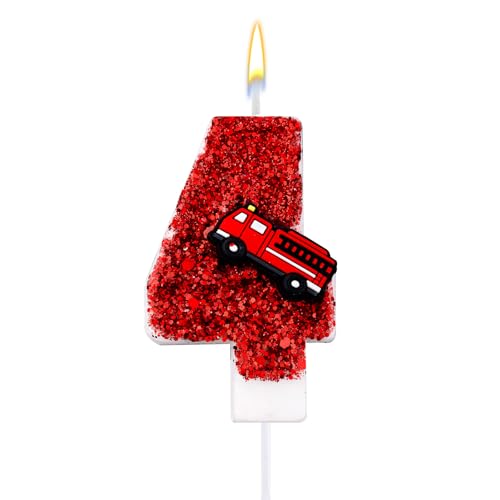 Geburtstagskerze Roten Pailletten, Feuerwehrauto Happy Birthday Kerze Zahlen-Tortenaufsatz für Jungen Mädchen Feuerwehrleute Runde Geburtstage Jubiläen Feuerwehr-Mottoparty Geschenke (4) von Tinoaly