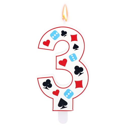 Geburtstagskerze mit Casino-Thema, Pokerwürfel-Zahlenkerze für Kuchendekorationen Geburtstagsparty Dekoration mit Glücksspiel Thema Partyzubehör für Las Vegas (Nummer 3) von Tinoaly