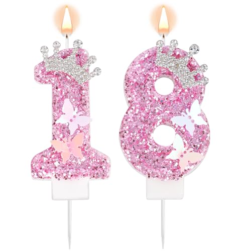 Geburtstagszahlenkerzen, Rosa Glitzer Krone Schmetterling Happy Birthday Pailletten Prinzessinnenkerze Tortenaufsatz Dekorationen für Hochzeitsfeier Jahrestag Feier Zubehör (18) von Tinoaly