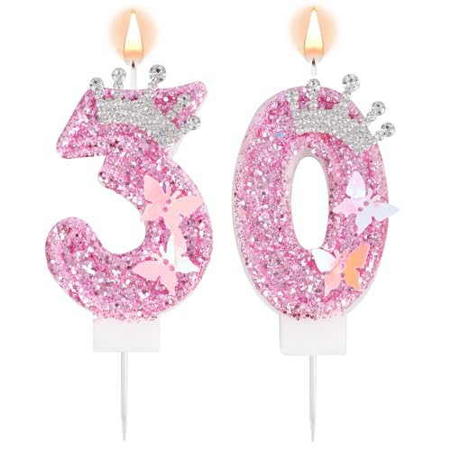 Geburtstagszahlenkerzen, Rosa Glitzer Krone Schmetterling Happy Birthday Pailletten Prinzessinnenkerze Tortenaufsatz Dekorationen für Hochzeitsfeier Jahrestag Feier Zubehör (30) von Tinoaly