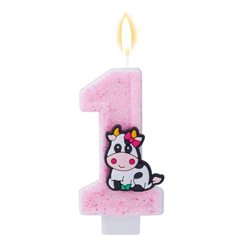 Kuh-Geburtstagskerze, Rosa Glitzernde Kerze mit Kuh Aufdruck Nummer 1 Cowgirl Kuchenaufsatz für Babyparty zum 1. Geburtstag Partyzubehör zum Thema Bauernhoftiere (Stil 2) von Tinoaly