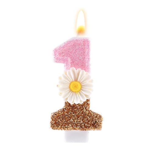 Rosa Geburtstagskerze Zahl 1, 7,3cm Süßes Gänseblümchen Goldglänzend Geburtstagskerze zum 1. Geburtstag mit Stab, Tortenaufsatz für Mädchen Deko-Geschenk für den Ersten Geburtstag Party (Weiß) von Tinoaly