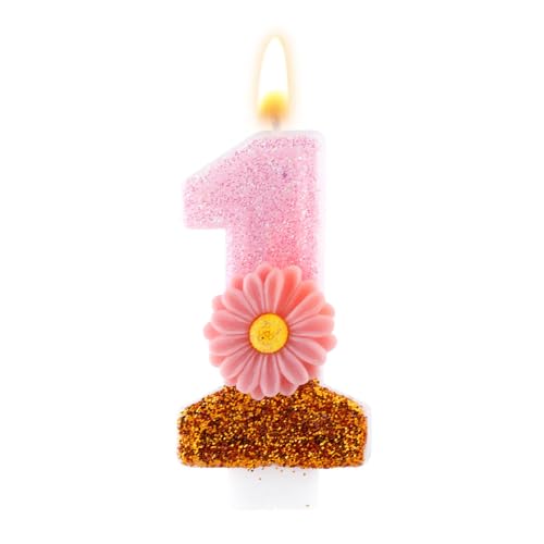 Rosa Geburtstagskerze Zahl 1, 7,3cm Süßes Gänseblümchen Goldglänzend Geburtstagskerze zum 1. Geburtstag mit Stab, Tortenaufsatz für Mädchen Deko-Geschenk für den Ersten Geburtstag Party (Rosa) von Tinoaly