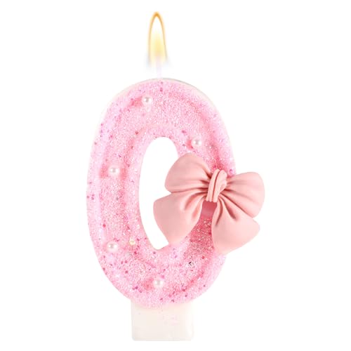 Rosa Geburtstagskerze mit Schleife, Glänzende Schleife Perlenpailletten Happy Birthday-Zahlenkerzen Perfekte Kuchendekoration für Feiern Partys Hochzeiten Abschlussfeiern(Zahl 0) von Tinoaly