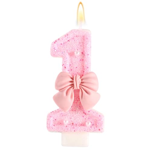 Rosa Geburtstagskerze mit Schleife, Glänzende Schleife Perlenpailletten Happy Birthday-Zahlenkerzen Perfekte Kuchendekoration für Feiern Partys Hochzeiten Abschlussfeiern(Zahl 1) von Tinoaly
