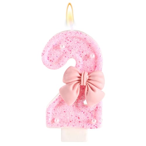 Rosa Geburtstagskerze mit Schleife, Glänzende Schleife Perlenpailletten Happy Birthday-Zahlenkerzen Perfekte Kuchendekoration für Feiern Partys Hochzeiten Abschlussfeiern(Zahl 2) von Tinoaly