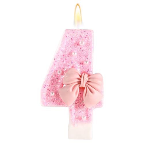 Rosa Geburtstagskerze mit Schleife, Glänzende Schleife Perlenpailletten Happy Birthday-Zahlenkerzen Perfekte Kuchendekoration für Feiern Partys Hochzeiten Abschlussfeiern(Zahl 4) von Tinoaly