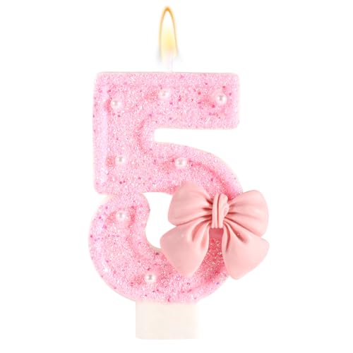 Rosa Geburtstagskerze mit Schleife, Glänzende Schleife Perlenpailletten Happy Birthday-Zahlenkerzen Perfekte Kuchendekoration für Feiern Partys Hochzeiten Abschlussfeiern(Zahl 5) von Tinoaly