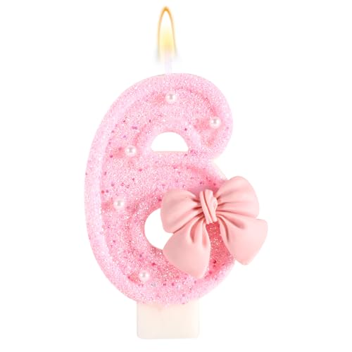 Rosa Geburtstagskerze mit Schleife, Glänzende Schleife Perlenpailletten Happy Birthday-Zahlenkerzen Perfekte Kuchendekoration für Feiern Partys Hochzeiten Abschlussfeiern(Zahl 6) von Tinoaly