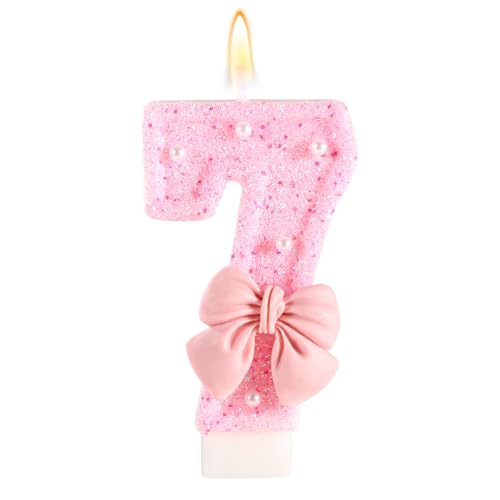 Rosa Geburtstagskerze mit Schleife, Glänzende Schleife Perlenpailletten Happy Birthday-Zahlenkerzen Perfekte Kuchendekoration für Feiern Partys Hochzeiten Abschlussfeiern(Zahl 7) von Tinoaly