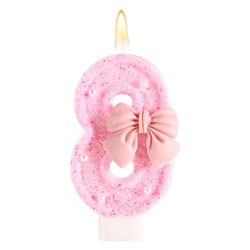 Rosa Geburtstagskerze mit Schleife, Glänzende Schleife Perlenpailletten Happy Birthday-Zahlenkerzen Perfekte Kuchendekoration für Feiern Partys Hochzeiten Abschlussfeiern(Zahl 8) von Tinoaly