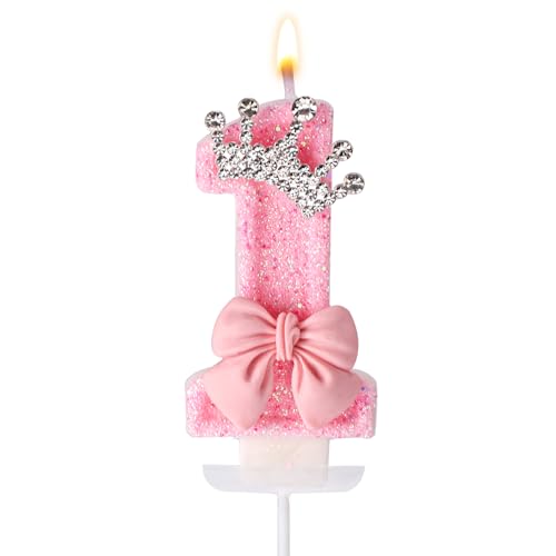 Rosa Kerze zum 1. Geburtstag, Schleifenkrone als Dekoration zum Ersten Geburtstag Elegante Wachskerze mit Zahlen Kuchendekoration für Geburtstagsparty Jubiläumsdekoration Rosa Kerze zum 1. Geburtstag, Schleifenkrone als Dekoration zum Ersten Geburtstag Elegante Wachskerze mit Zahlen Kuchendekoration für Geburtstagsparty Jubiläumsdekoration von Tinoaly