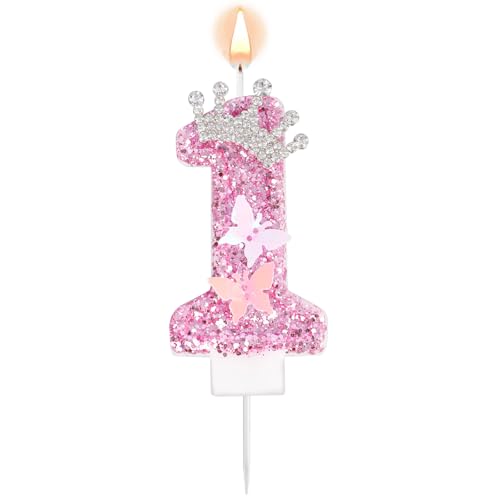 Rosa Zahlen-Geburtstagskerze, Glitzernde Krone Schmetterling Funkelnd Pailletten Tortenaufsatz Dekorationen für Geburtstagsfeier Hochzeit Jahrestag Feiern (Zahl 1) von Tinoaly