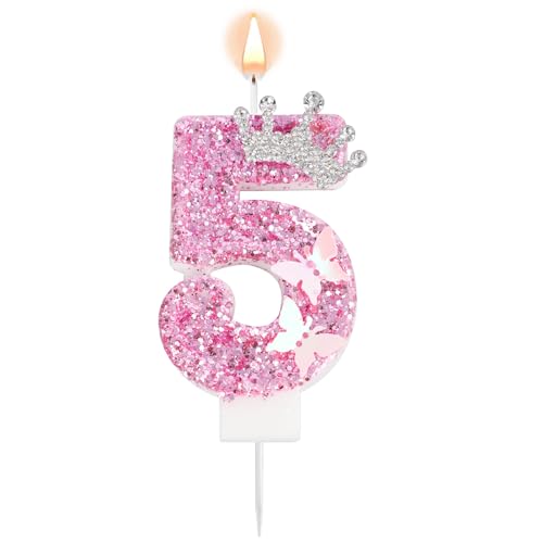 Rosa Zahlen-Geburtstagskerze, Glitzernde Krone Schmetterling Funkelnd Pailletten Tortenaufsatz Dekorationen für Geburtstagsfeier Hochzeit Jahrestag Feiern (Zahl 5) von Tinoaly