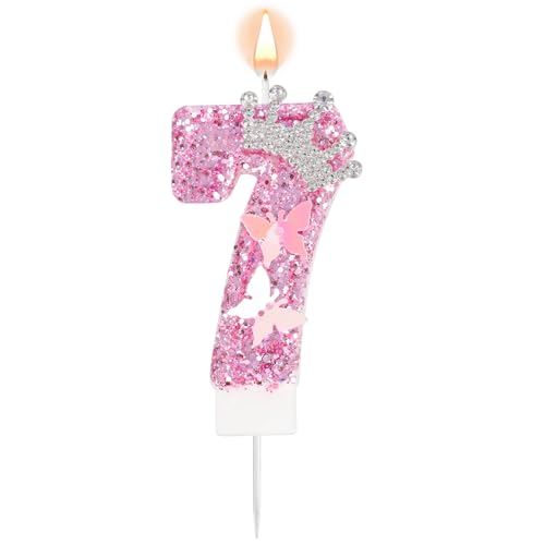 Rosa Zahlen-Geburtstagskerze, Glitzernde Krone Schmetterling Funkelnd Pailletten Tortenaufsatz Dekorationen für Geburtstagsfeier Hochzeit Jahrestag Feiern (Zahl 7) von Tinoaly