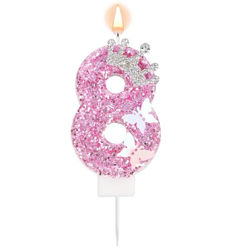 Rosa Zahlen-Geburtstagskerze, Glitzernde Krone Schmetterling Funkelnd Pailletten Tortenaufsatz Dekorationen für Geburtstagsfeier Hochzeit Jahrestag Feiern (Zahl 8) von Tinoaly