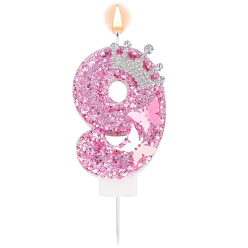 Rosa Zahlen-Geburtstagskerze, Glitzernde Krone Schmetterling Funkelnd Pailletten Tortenaufsatz Dekorationen für Geburtstagsfeier Hochzeit Jahrestag Feiern (Zahl 9) von Tinoaly